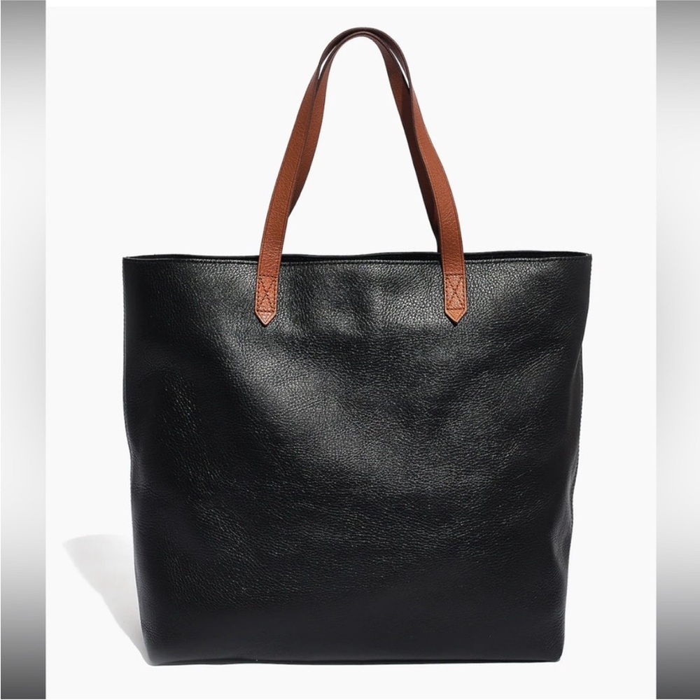 Madewell Transport Tote - black pebbled leather with brown handles - distressed